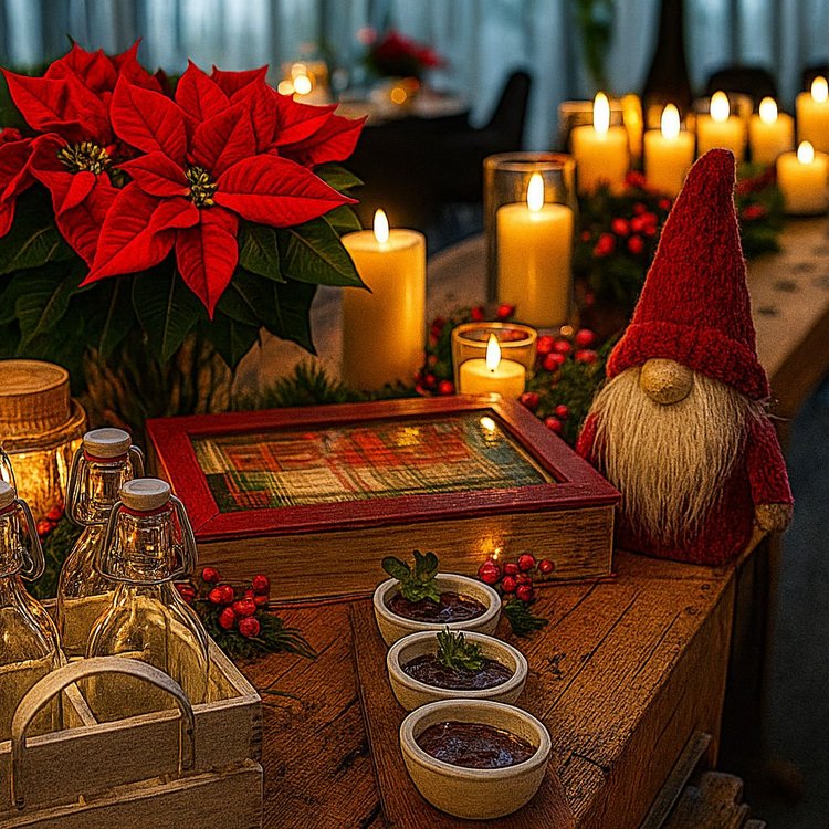 Weihnachtlich dekorierter Tisch mit Kerzen, Weihnachtsstern, kleinem Wichtel und Geschenkbox