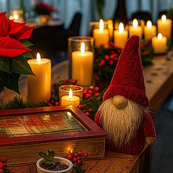 Weihnachtlich dekorierter Tisch mit Kerzen, Weihnachtsstern, kleinem Wichtel und Geschenkbox