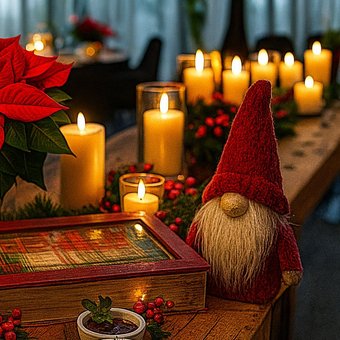 Weihnachtlich dekorierter Tisch mit Kerzen, Weihnachtsstern, kleinem Wichtel und Geschenkbox