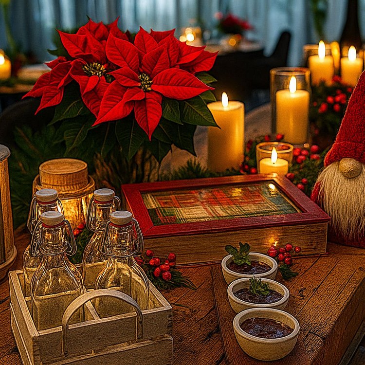Weihnachtlich dekorierter Tisch mit Kerzen, Weihnachtsstern, kleinem Wichtel und Geschenkbox