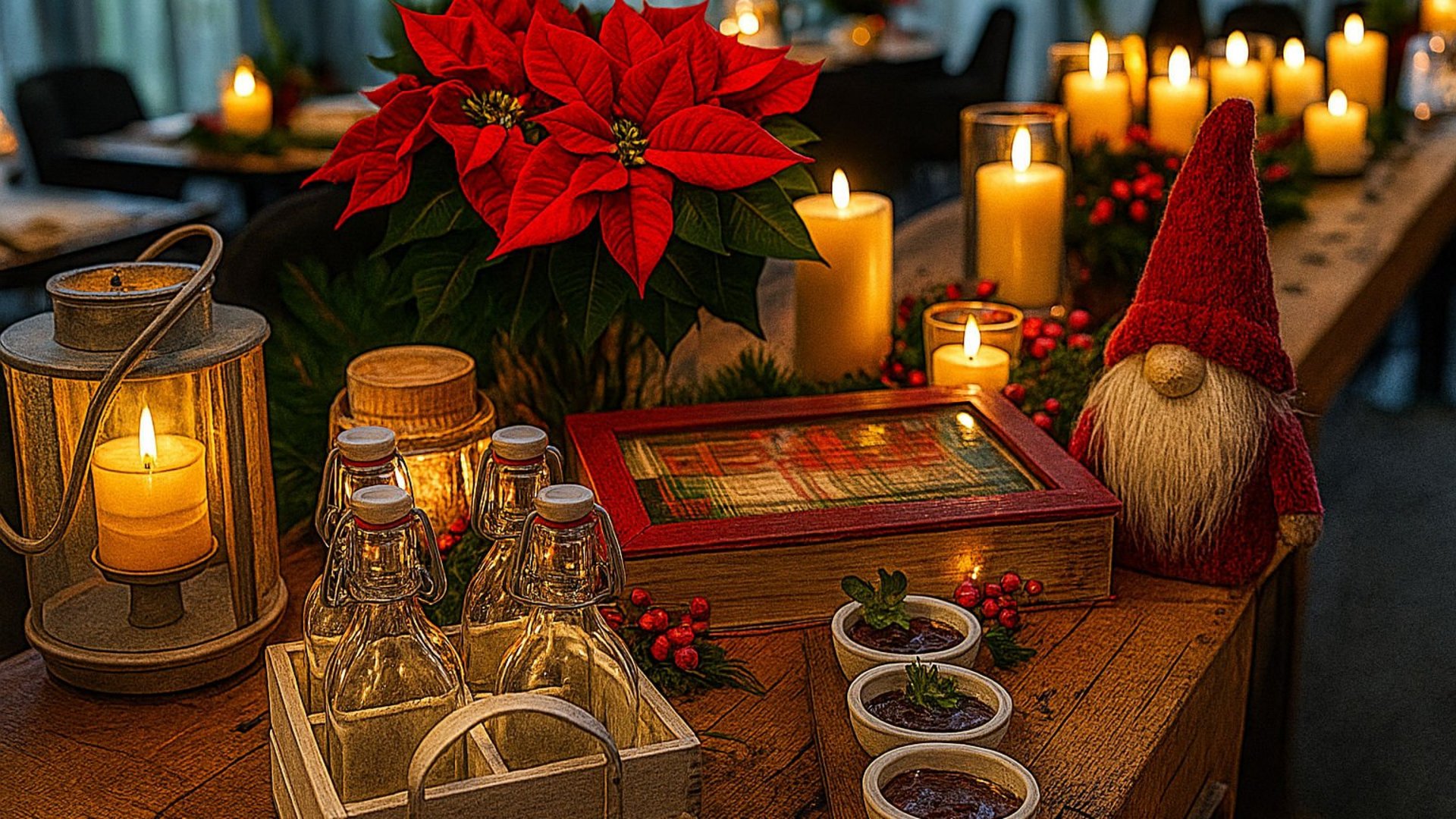 Weihnachtlich dekorierter Tisch mit Kerzen, Weihnachtsstern, kleinem Wichtel und Geschenkbox