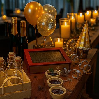 Festlich gedeckter Tisch mit Kerzen, Sektflaschen, Ballons und Partyhüten in warmem Licht