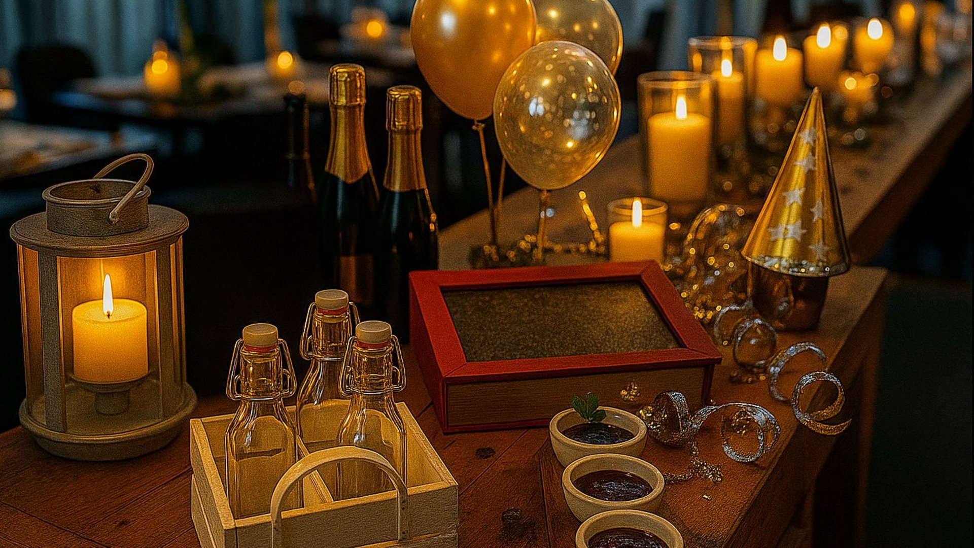 Festlich gedeckter Tisch mit Kerzen, Sektflaschen, Ballons und Partyhüten in warmem Licht