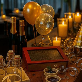 Festlich gedeckter Tisch mit Kerzen, Sektflaschen, Ballons und Partyhüten in warmem Licht
